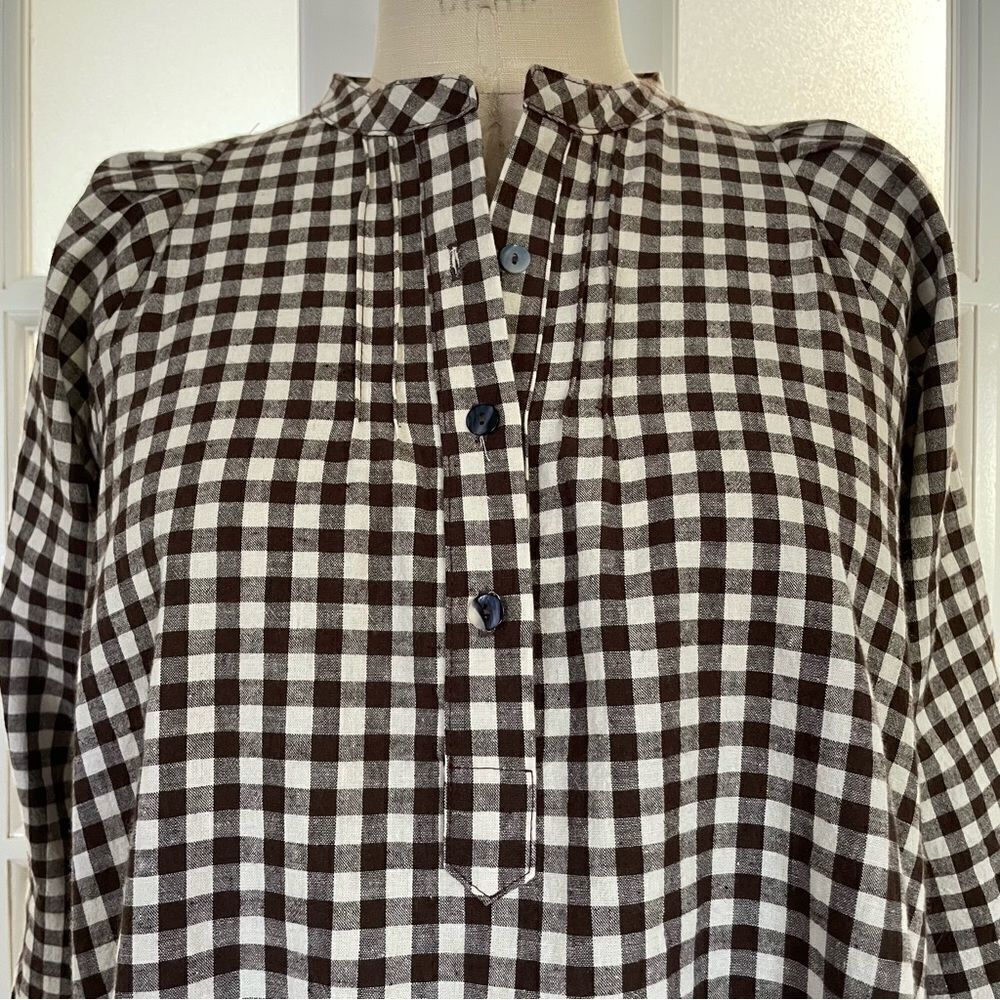 Pietsie Atlin Brwn/Wht Gingham Pull Over Long Full Sleeve Pleated Top Sz-M NWT!